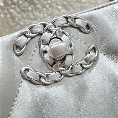 Cha.nel 19 Shopping Bag Lambskin Silver Tone Metal Grey AS3660