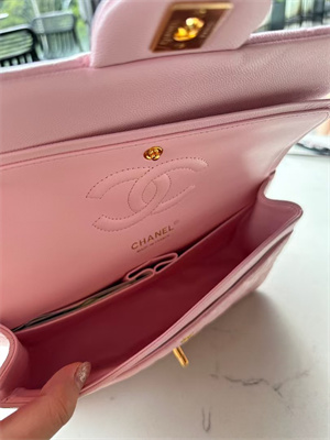 Chanel Medium Classic Flap Bag Grained Calfskin Gold Tone Metal Pink 01112
