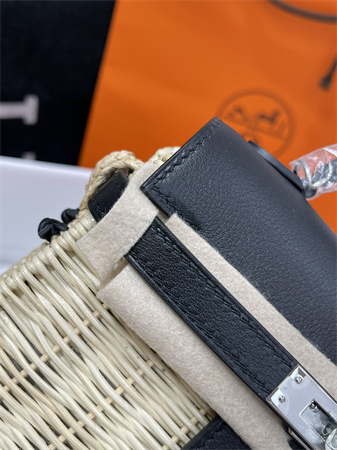 Kelly Mini Picnic Bag 20 Swift Leather Wicker Silver Tone Hardware Black Color HS