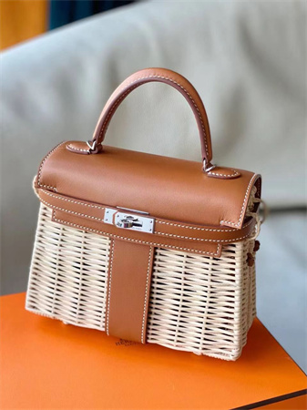 Kelly Mini Picnic Bag 20 Swift Leather Wicker Silver Tone Hardware Brown Color HS