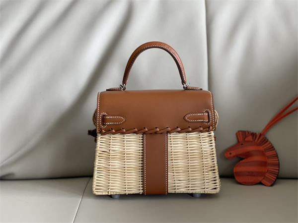 Kelly Mini Picnic Bag 20 Swift Leather Wicker Silver Tone Hardware Brown Color HS