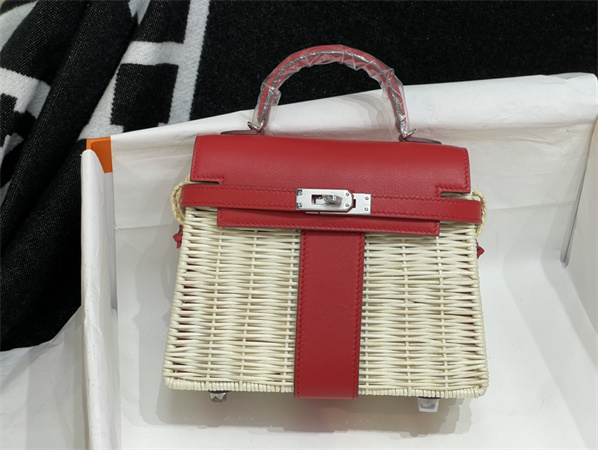 Kelly Mini Picnic Bag 20 Swift Leather Wicker Silver Tone Hardware Red Color HS