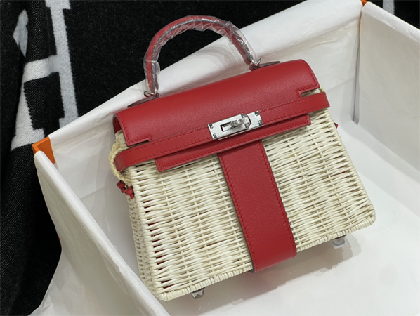Kelly Mini Picnic Bag 20 Swift Leather Wicker Silver Tone Hardware Red Color HS