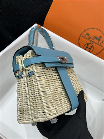 Kelly Mini Picnic Bag 20 Swift Leather Wicker Silver Tone Hardware Blue Color HS
