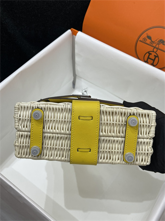 Kelly Mini Picnic Bag 20 Swift Leather Wicker Silver Tone Hardware Yellow Color HS