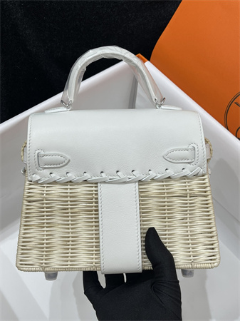 Kelly Mini Picnic Bag 20 Swift Leather Wicker Silver Tone Hardware White Color HS