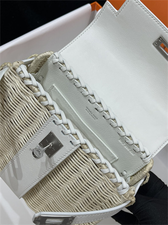 Kelly Mini Picnic Bag 20 Swift Leather Wicker Silver Tone Hardware White Color HS