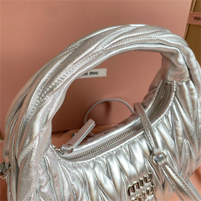 MiuMiu Wander matelassé nappa leather Small hobo bag Silver Color