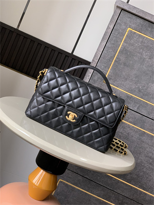 CHANEL Flap Bag With Top Handle Lambskin Gold Tone Metal Black AS5356