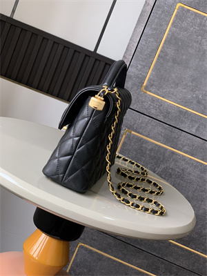 CHANEL Flap Bag With Top Handle Lambskin Gold Tone Metal Black AS5356