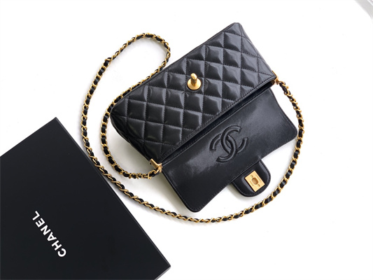 CHANEL Mini Flap Bag With Top Handle Lambskin Gold Tone Metal Black AS5354