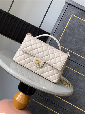 CHANEL Flap Bag With Top Handle Lambskin Gold Tone Metal Beige AS5356