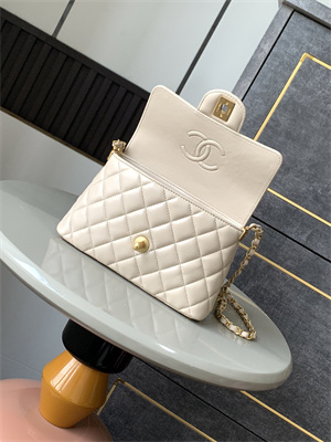 CHANEL Mini Flap Bag With Top Handle Lambskin Gold Tone Metal Beige AS5355