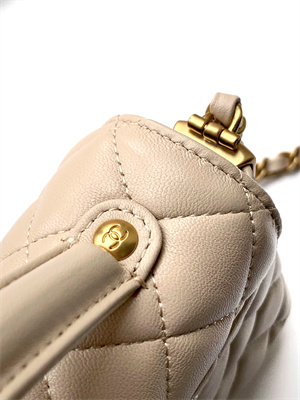 CHANEL Mini Flap Bag With Top Handle Lambskin Gold Tone Metal Beige AS5355