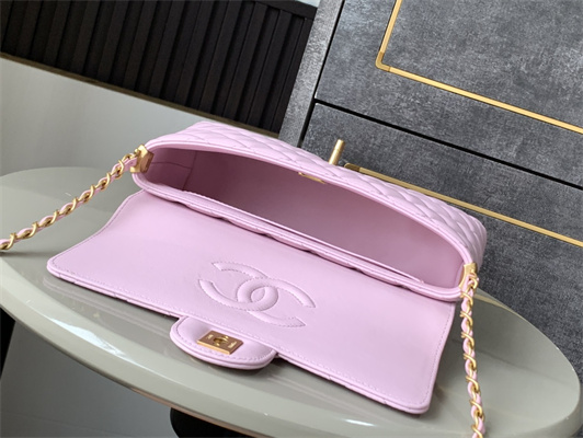CHANEL Flap Bag With Top Handle Lambskin Gold Tone Metal Pink AS5356