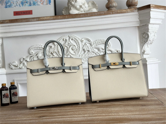 Bir.kin Sellier Bag Epsom Leather 25CM Gold/Silver Hardware In Craie/Blue Glacier HS