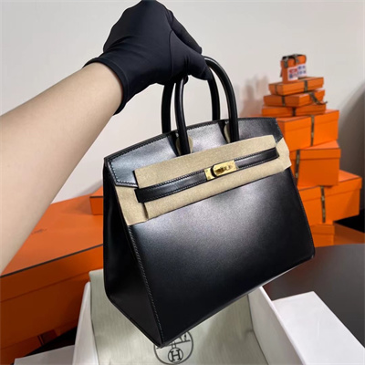 Bir.kin Sellier Bag Box Leather 25/30 Gold/Silver Hardware In Black HS