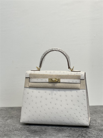 Kelly Sellier Bag Ostrich Leather 25 Gold/Silver Hardware In Craie Color HS