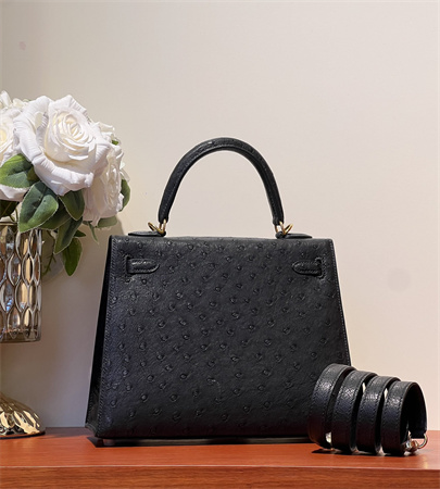 Kelly Sellier Bag Ostrich Leather 25 Gold/Silver Hardware In Black Color HS