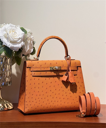 Kelly Sellier Bag Ostrich Leather 25 Gold/Silver Hardware In Orange Color HS
