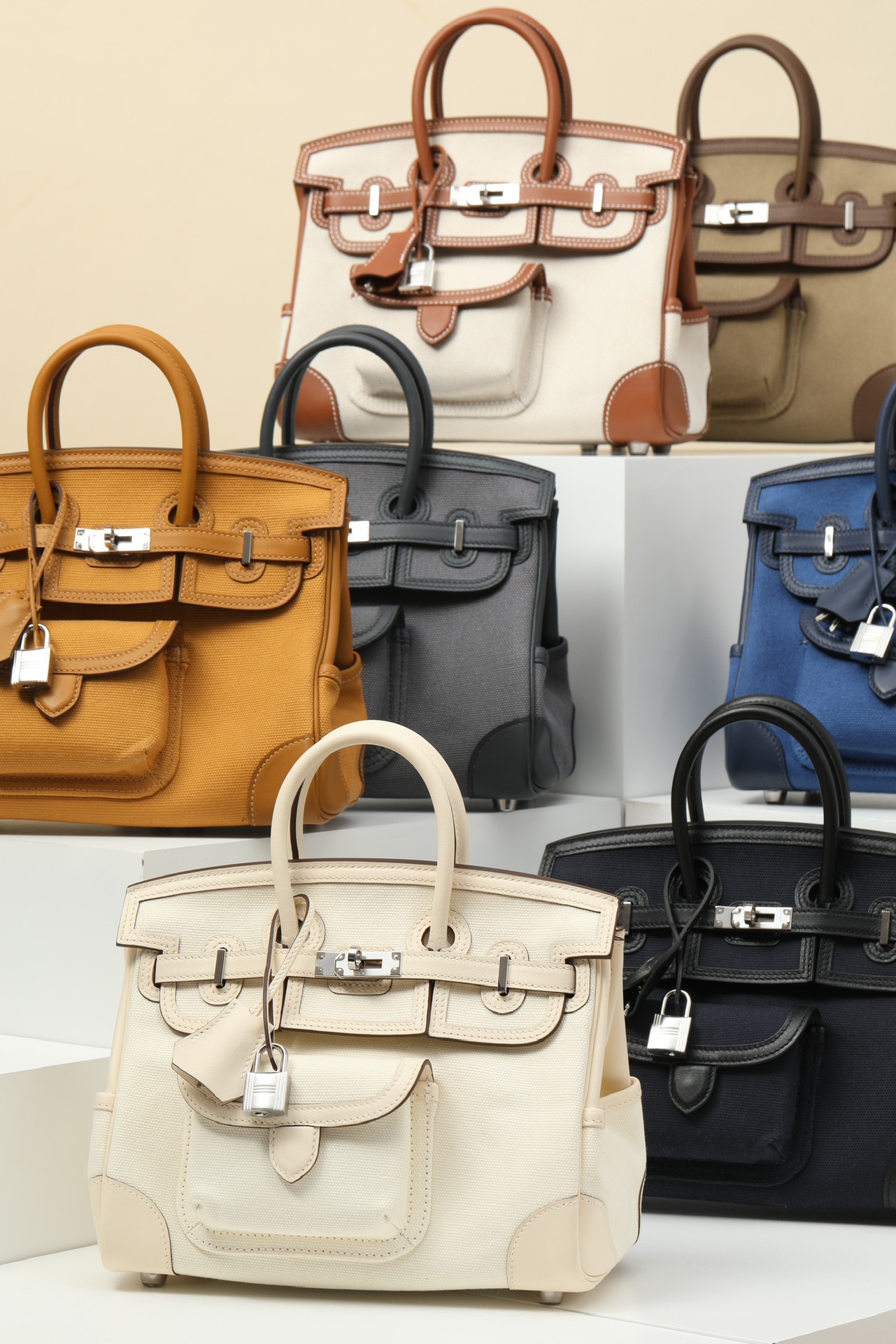 Birkin Cargo Bag 25 Swift Leather/Canvas Silver Hardware 7 Color Options HS