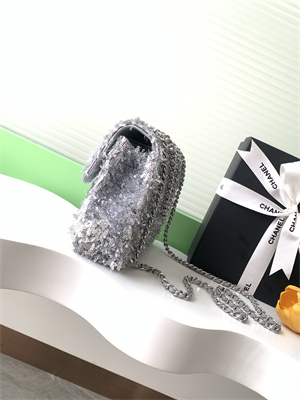 Cha.nel Flap Bag Sequins and Silver Tone Metal Grey AS4561