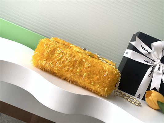 Cha.nel Flap Bag Sequins and Gold Tone Metal Yellow AS4561