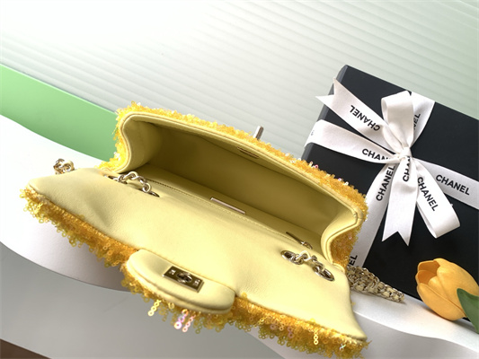 Cha.nel Flap Bag Sequins and Gold Tone Metal Yellow AS4561