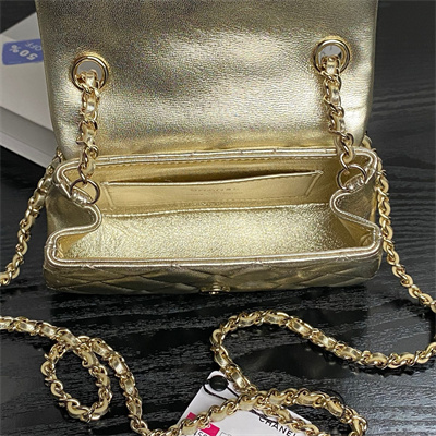 Chanel Mini FLAP PHONE HOLDER WITH CHAIN Lambskin Gold-Tone Metal Gold AP4593