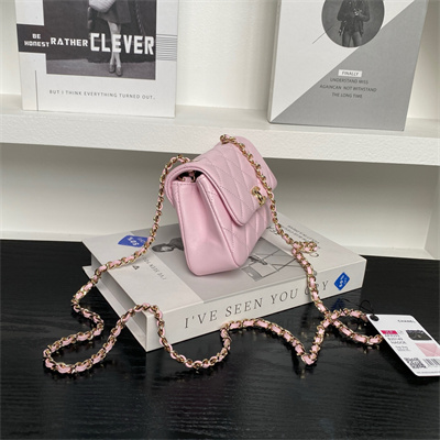 Chanel Mini FLAP PHONE HOLDER WITH CHAIN Lambskin Gold-Tone Metal Pink AP4593