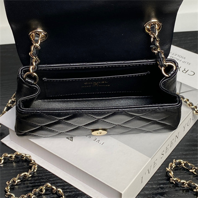 Chanel Mini FLAP PHONE HOLDER WITH CHAIN Lambskin Gold-Tone Metal Black AP4593