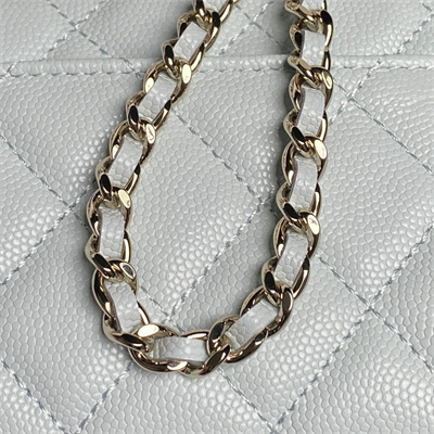 Cha.nel Clutch With Chain Top Handle Grained Calfskin Gold Tone Metal Lt Blue AP3238