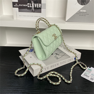 Cha.nel Clutch With Chain Top Handle Grained Calfskin Gold Tone Metal Lt Green AP3238