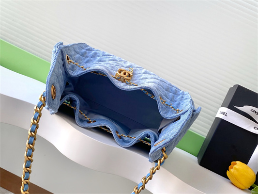 Chanel 25 Small Handbag Blue Denim Gold Tone Metal AS5293