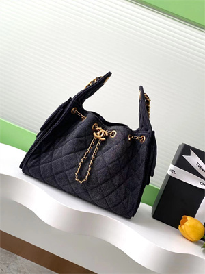 Chanel 25 Small Handbag Black Denim Gold Tone Metal AS5293