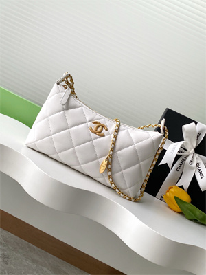 Chanel Hobo Bag Lambskin Gold Tone Metal White AS5528
