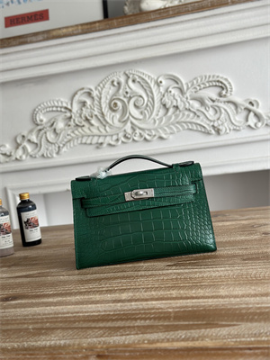 Kelly Pochette Bag Embossed Crocodile Silver Tone Hardware Dk Green HS