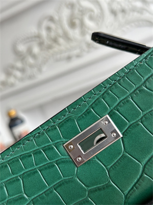 Kelly Pochette Bag Embossed Crocodile Silver Tone Hardware Dk Green HS