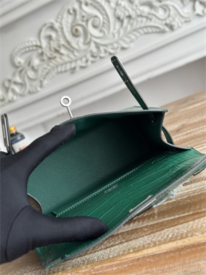 Kelly Pochette Bag Embossed Crocodile Silver Tone Hardware Dk Green HS