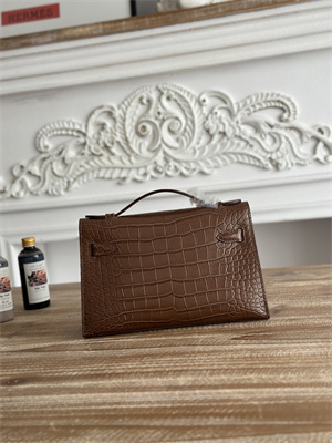 Kelly Pochette Bag Embossed Crocodile Gold Tone Hardware Brown HS