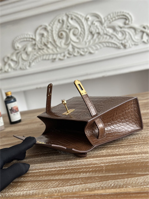 Kelly Pochette Bag Embossed Crocodile Gold Tone Hardware Brown HS