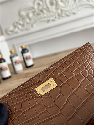 Kelly Pochette Bag Embossed Crocodile Gold Tone Hardware Brown HS