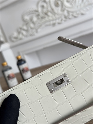 Kelly Pochette Bag Embossed Crocodile Silver Tone Hardware Craie HS