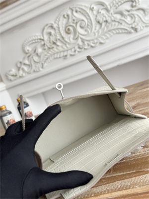 Kelly Pochette Bag Embossed Crocodile Silver Tone Hardware Craie HS