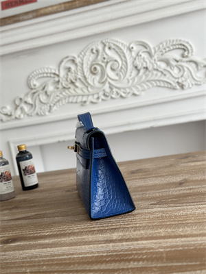 Kelly Pochette Bag Embossed Crocodile Gold Tone Hardware Blue Hydra HS