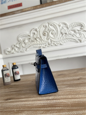 Kelly Pochette Bag Embossed Crocodile Silver Tone Hardware Blue Hydra HS