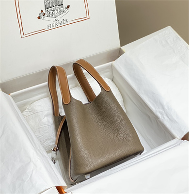 Picotin Lock Bag 18 Togo Leather Silver Tone Metal In Etoupe/Gold HS