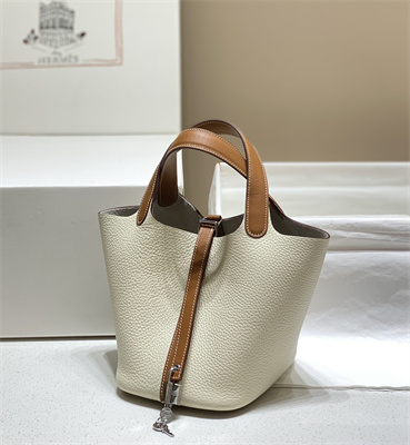 Picotin Lock Bag 18 Togo Leather Silver Tone Metal In Craie/Gold HS