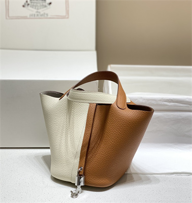 Picotin Lock Bag 18 Togo Leather Silver Tone Metal In Craie/Gold HS