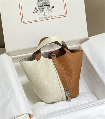 Picotin Lock Bag 18 Togo Leather Silver Tone Metal In Craie/Gold HS